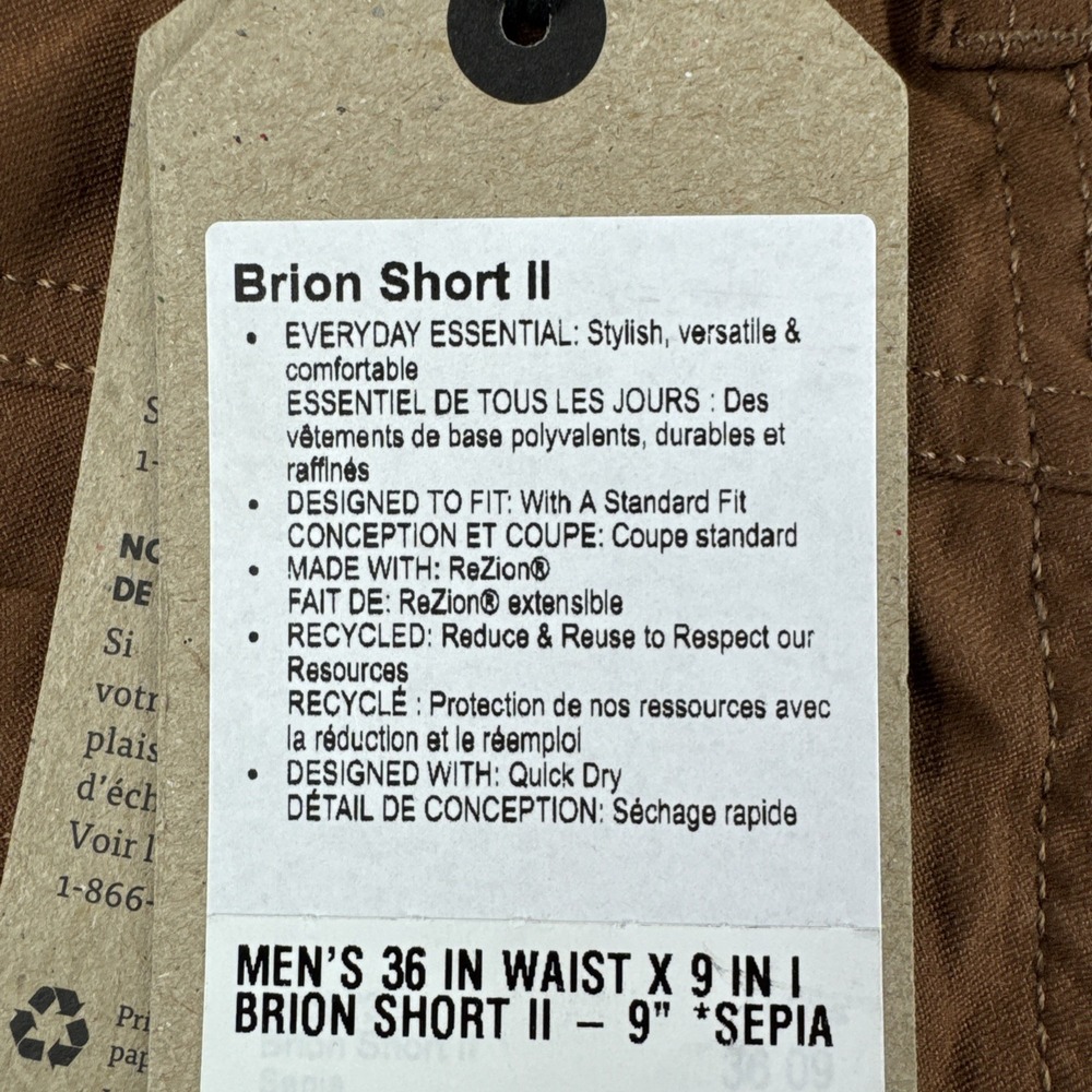 Prana Brion II Shorts Mens 36 Standard Fit Brown 9" Chino Outdoors Hiking NEW - Picture 8 of 8